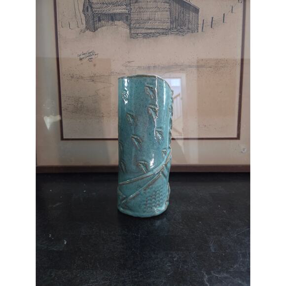 Studio Pottery Vase 9" Signed 2004 Handcrafted Textured Teal Stoneware Vintage - Picture 1 of 8